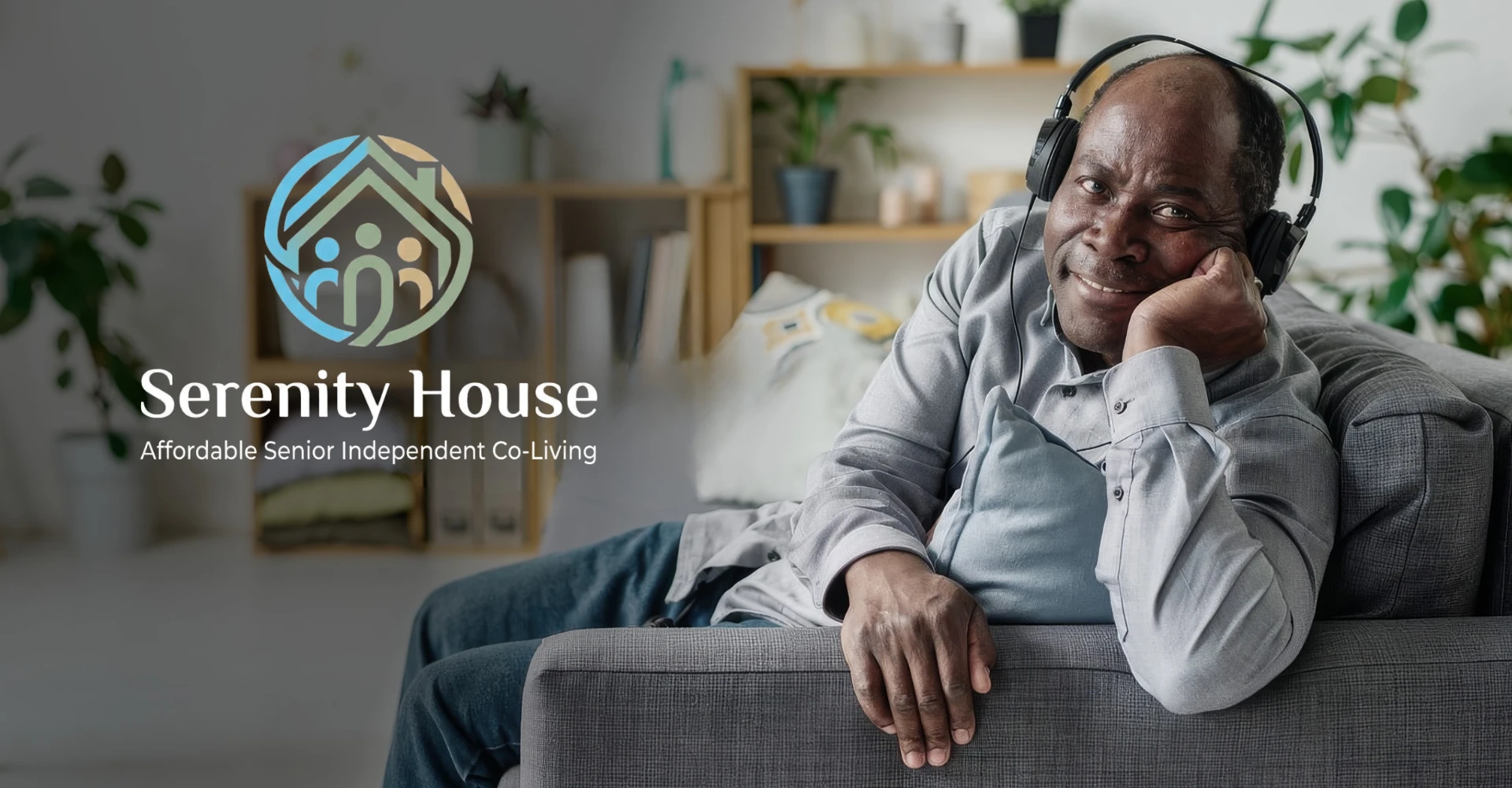 Serenity House Senior Independent Co-Living branding with an older adult relaxing at home